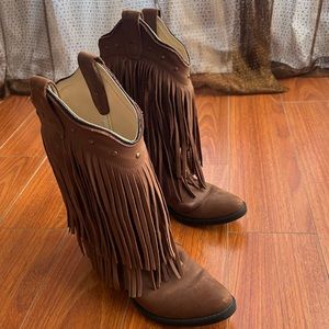 OLD WEST Girls Fringed Leather Western Cowboy Boot Brown 8125 Kid size 2.5 D